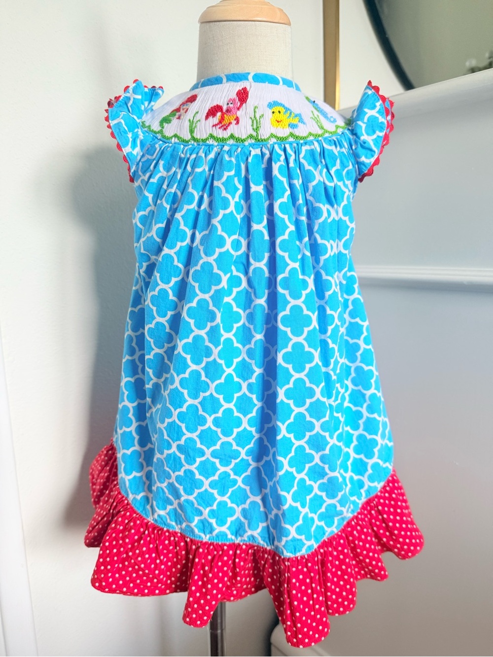 Under the Sea Smocked Little Mermaid Cotton Dress 12M Aqua Blue Red Ruffle
